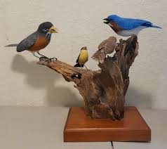 Bird Decoy Wood Carving Robin Goldfinch Strike Bluebird Signed AMAZING