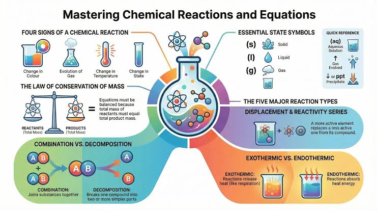 Class 10 Science Chemical Reactions and Equations 3D Test Overview Graphic