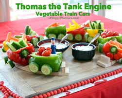Birthday Dinner Ideas For Husband Vegetarian Thomas The Tank Engine Vegetable Trains A Veggie Venture Train Birthday Party Food Train Birthday Party Cake Thomas The Train Birthday Party