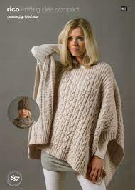 Knitting pattern for a poncho crochet, carving, patterns. Cottontail Crafts Knitting Pattern 657 Poncho Snood Hat In Rico Creative Soft Wool Aran Yarn