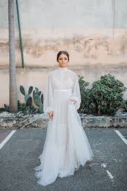 Modern Bishop Sleeve Wedding Dress Soft Tulle Gown With High Neckline Billowing Bishop Sleeve And Buttoned Cuff Long Sleeve Wedding Dress Boho Wedding Dresses Wedding Dresses Simple