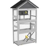 Wooden Bird Aviary, 67" Outdoor Bird Cage with Slide-Out Tray, Three Doors,  Birdhouse, Ladder, Perches for Finches, Parakeets, Gray