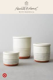 Kopmath ceramic kitchen canister, 24 fl oz (700 ml), airtight bamboo lid, food storage jar, sturdy for dishwasher, white sugar canisters for coffee beans, sugar, tea, spices, candy. These Stoneware Canisters From The Latest Collection Stack Store Ingredients Beautifully Hearth And Hand Country Farmhouse Decor Hearth Hand With Magnolia