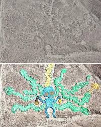 A 45 meters long Paracas geoglyph of an oculate being, found in the desert  of Jumana, in Peru, in 1982. 500 BCE
