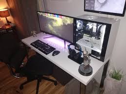 Black And White Pc Setup My Black And White Build The Lights Under The Monitor Are White But Show Up As Purple In Images For Some Reason Computer Desk Setup Pc Setup Lights