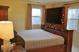 Align the panel with the framing on the bookcases, using shims if needed. I Ve Always Wanted Something Like This It Retracts Into The Footboard And Is Hidden Tv In Bedroom Hidden Tv Tv Beds