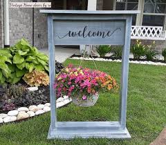 Custom Made Welcome Flower Stand Porch Hanging Basket Stand Etsy In 2020 Garden Stand Plant Stand Hanging Basket Stand