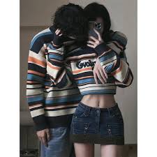 Y2K Hong Kong Retro Rainbow Striped Sweater For Men And Women Niche High-Grade Off-The-Shoulder Sweater Couples Wear Outside - Product from AliExpress