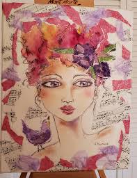 Recently finished mixed media watercolor, marker and antique music.