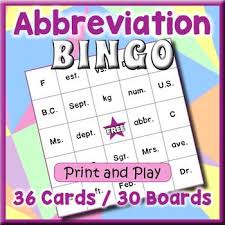 Common Abbreviations Bingo Game Describing Words Bingo Bingo Games