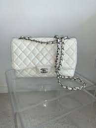 Authentic Black And White Chanel Bag Authentic Chanel White Caviar Leather Jumbo Flap Bag With Silver Hardware In 2020 Chanel Flap Bag White Caviar