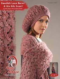 This beret is constructed in the style of a lace doily with a center start and repeating medallions. 1102 Swedish Lace Beret 6 Rib Scarf