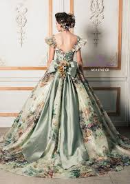 This Silky Green Ball Gown Has An Off The Shoulder Look With Many Different Colours Of Detailing Throughout The D Gowns Long Wedding Dresses Historical Dresses