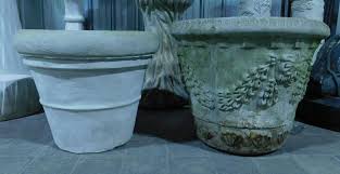 Weathered vintage stone concrete garden urn planter. Lot 2 Vintage Concrete Garden Planters