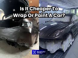 A visual comparison of a car being wrapped versus being painted, illustrating the core question of whether it is cheaper to paint or wrap a car