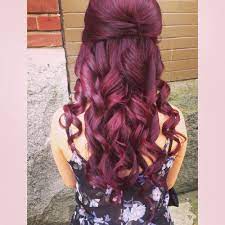Burgundy Purple Red Hair Half Up Do Teased And Curled For Prom Hair Color Auburn Burgundy Hair Red Purple Hair