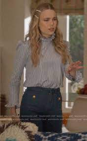 Ainsley S Striped Ruffle Neck Top On Four Weddings And A Funeral Funeral Outfit Fashion Fashion Tv