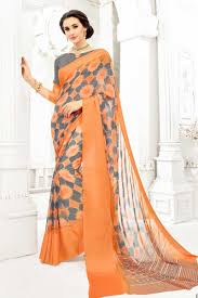 Orange With Grey Georgette Saree With Dupion Blouse