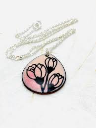 Magnolia Flower Necklace Pink Enamel Flower Illustration Etsy Pink Enamel Gold Leaf Prints Necklace Etsy