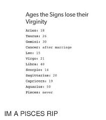 Not a great idea.while astrology can be great for a insight to life, i wouldn't place too much worth in it. Ages The Signs Lose Their Virginity Aries 18 Taurus 26 Gemini 30 Cancer After Marriage Leo 15 Virgo 21 Libra 40 Scorpio 14 Sagittarius 20 Capricorn 19 Aquarius 50 Pisces Never Im A Pisces Rip Marriage Meme On Ballmemes Com