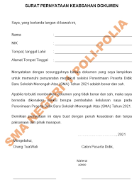 Contoh surat pernyataan kebenaran dokumen akreditasi terbaru Surat Pernyataan Keabsahan Dokumen Ppdb 2021 Sma Negeri 1 Poli Polia