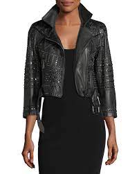 Nour Hammour Vendome Cropped 3 4 Sleeve Studded Leather Moto Jacket Leather Moto Jacket Cropped Moto Jacket Moto Jacket