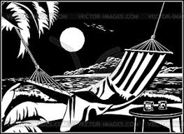 Vector black and white coloring page. Hammock On Tropical Beach Vector Clipart