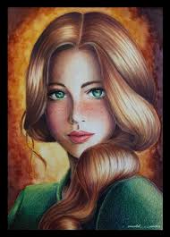 Portrait by Dinsidik. Colored with pencils (Giotto Stilnovo skin colours,  Prismacolor, Luminance) watercolors for the background (Zenacolor, Titan,  W&N) and a bit of white Signo gel pen