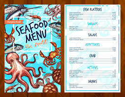Modele De Menu De Fruits De Mer Pour La Mer Fraiche Et Le Restaurant De Poisson Conception De Prix De Vecteur Pour Des Plateaux De Thon Ou De Saumon Des Crevettes Ou