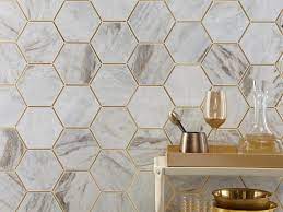 Bianco Orion Brass 6 In Hexagon Polished Marble Mosaic Gold Tile Floor Decor Marble Mosaic
