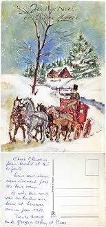 Joyeux Noel Et Bonne Annee Sous La Neige Une Diligence Tiree Par Quatre Chevaux S Eloigne D Un Village Blotti Dans Les Carte Postale Joyeux Noel Bonne Annee