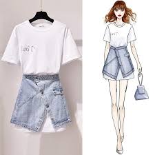 Classic Fashion T Shirt Denim Skirt Set Orchidmet Trong 2020 Trang Phục Nữ Thời Trang Quần Ao