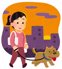 夕方の犬の散歩のイラスト（女性） | かわいいフリー素材集 いらすとや