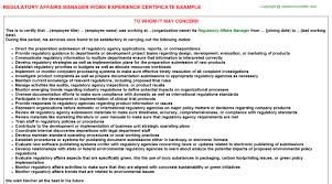 Regulatory Affairs Manager Experience Certificate