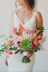 Tropical Bright Wedding Bouquet Idea Pink Bouquet With Protea And Succulents Mirabel Flo Coral Wedding Flowers Bright Wedding Bouquet Green Wedding Flowers
