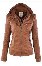 Removable Collar Zipper Womens Jacket Hoodie Leather Jackets Women Faux Leather Jacket Women Fall Fashion Coats