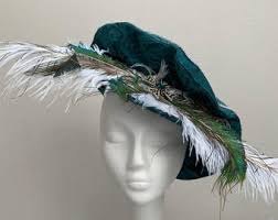 New Women's Renaissance Medieval Elizabethan Victorian Royal Soft Brim  Green Brocade Hat Cap Costume Cosplay
