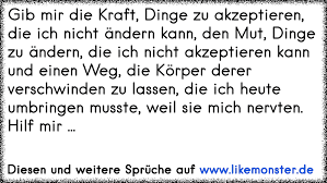 Gib Mir Die Kraft Dinge Zu Akzeptieren Die Ich Nicht Andern Kann Den Mut Dinge Zu Andern Die Ich Nicht Akzeptiere Tolle Spruche Und Zitate Auf Www Likemonster De
