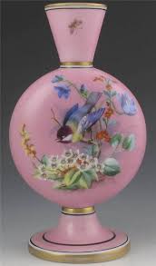 Indigo, cobalt blues and white porcelain back ground. Victorian Pink Bristol Or French Opaline Glass Vase Bird And Insects 1890 Pink Glass Vase Painted Glass Vases Antique Perfume Bottles