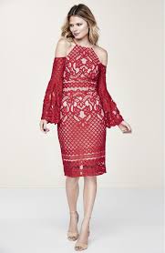 Dramatically Hued In Passionate Red Lace This Showstopping Cocktail Dress Conceals And Reveals With A Contemporary Function Dresses Cold Shoulder Lace Dresses
