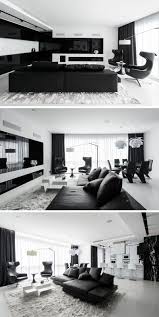 Black And White Themed Room In The Living Room Of This Black And White Themed Apartment The Television Is Built In Behind The Black Glass And When Th Living Room White Black White Living Room White Interior