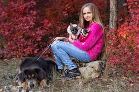 1 ) lisci come la seta. Immagini Stock Ragazza Abbastanza Teenager Con I Capelli Lunghi Indossa Rosa Maglione Accogliente E In Possesso Di Due Cani Di Piccola Taglia Chihuahua E Grande Tibetan Mastiff Peloso Nel Parco Autunno