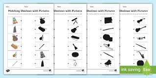Making a connection between how many there are and the number, and building skills in recognizing the number of objects without counting are the objectives of our printable counting worksheets. Music Shadow Matching Worksheet Musical Instruments