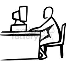 Check our collection of person on computer clipart, search and use these free images for powerpoint presentation, reports, websites, pdf, graphic design or any other project you are working on now. Black And White Person Sitting At A Desk Working On A Computer Clipart Commercial Use Gif Jpg Eps Svg Clipart 158572 Graphics Factory