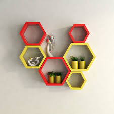What is the most common feature for decorative shelving & accessories? Designer Set Of 6 Hexagon Wall Shelf Red Yellow