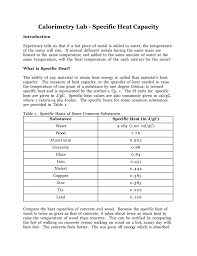 Calorimetry Lab Specific Heat Capacity