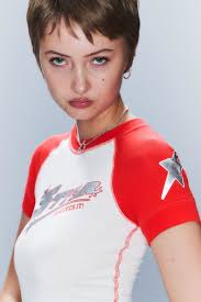 WEEKDAY Tight Printed Short Sleeve Mini T-Shirt in Off-White & Red