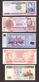 numismatica 5 cedulas diversas 5 bolivares venezuela 1000 guaranies paraguai 10 patacas m paraguai moedas moeda