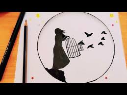 how to draw a girl with birds رسم تعبيري لبنت تحمل قفص تخرج منه طيور youtube drawings cards playing cards