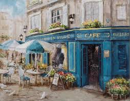 Tableau Paysage Terrasse De Cafe Devanture Bleue Multicouleur 70x90cm Infos Et Dimensions Largeur 90 Cm Haute Tableaux Paysage Cadre Mural Peinture Paris